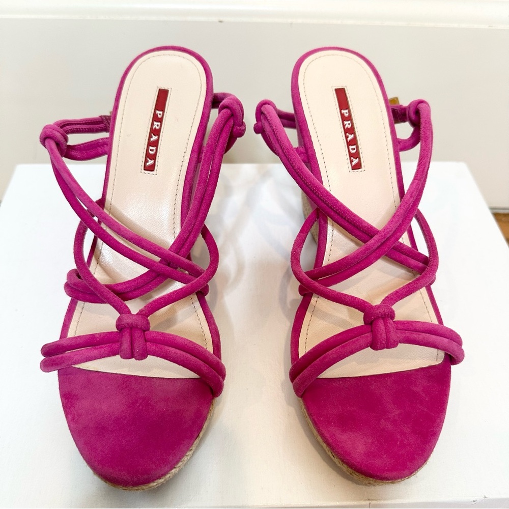 Prada, Fuscia Suede Raffia-Wrapped Espadrille Wedge Sandal, NWOT, Size 7 - Picture 2 of 10